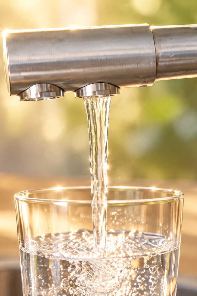 Gefiltertes Wasser fließt aus dem hinteren Auslass des Hahns in ein Glas