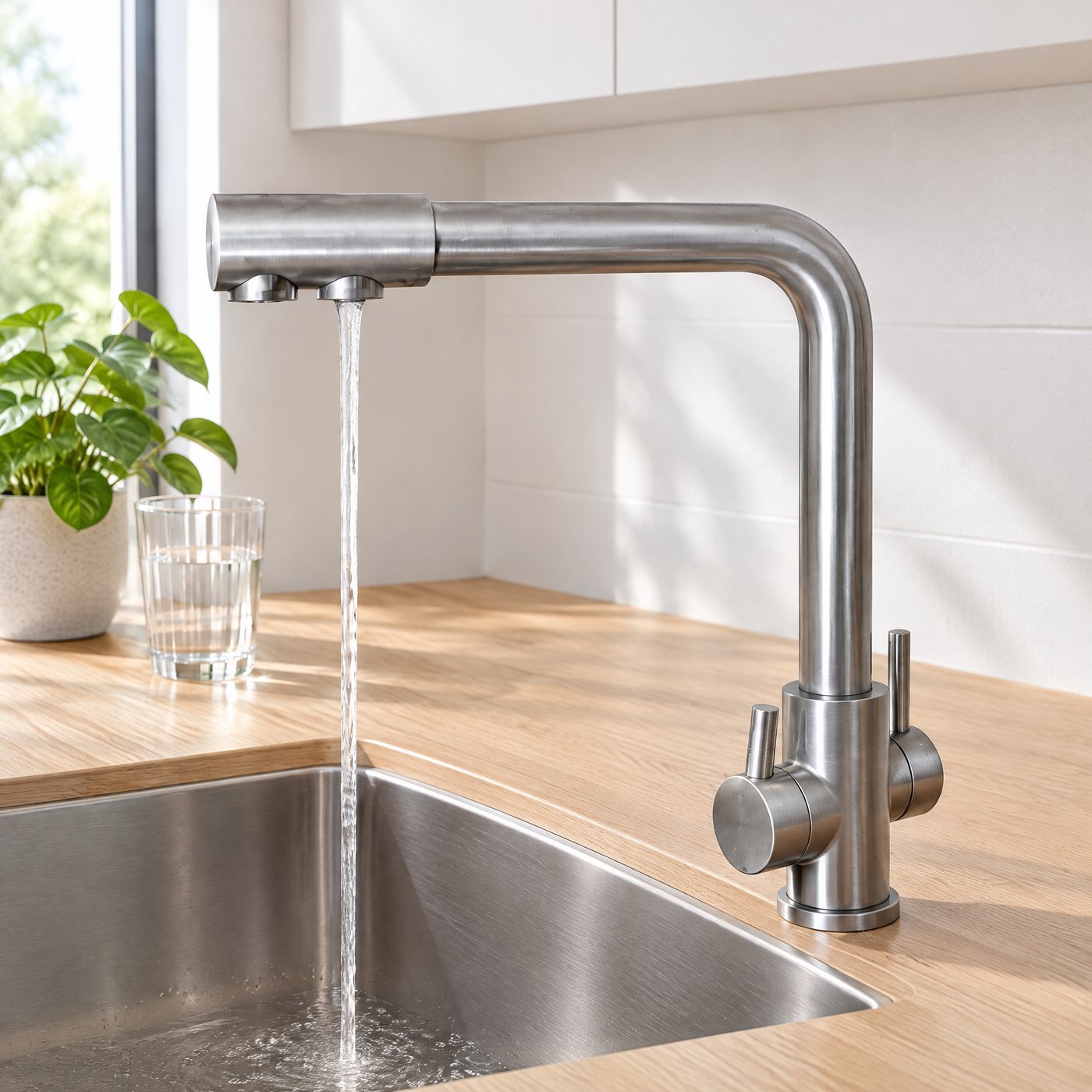 Der 3-Wege-Wasserhahn aus Edelstahl in einer modernen Küche, gefiltertes Wasser fließt aus dem hinteren Auslass