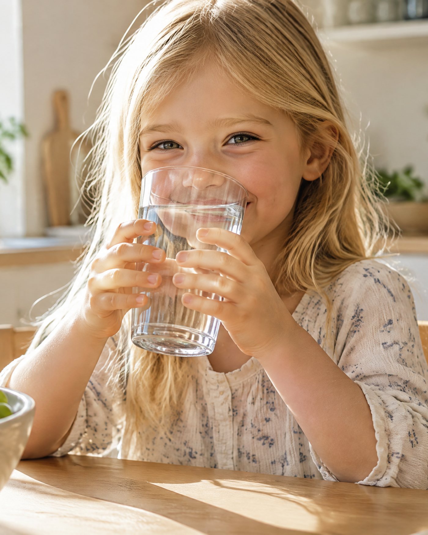 Ein Mädchen trinkt lachend ein Glas Wasser am Küchentisch