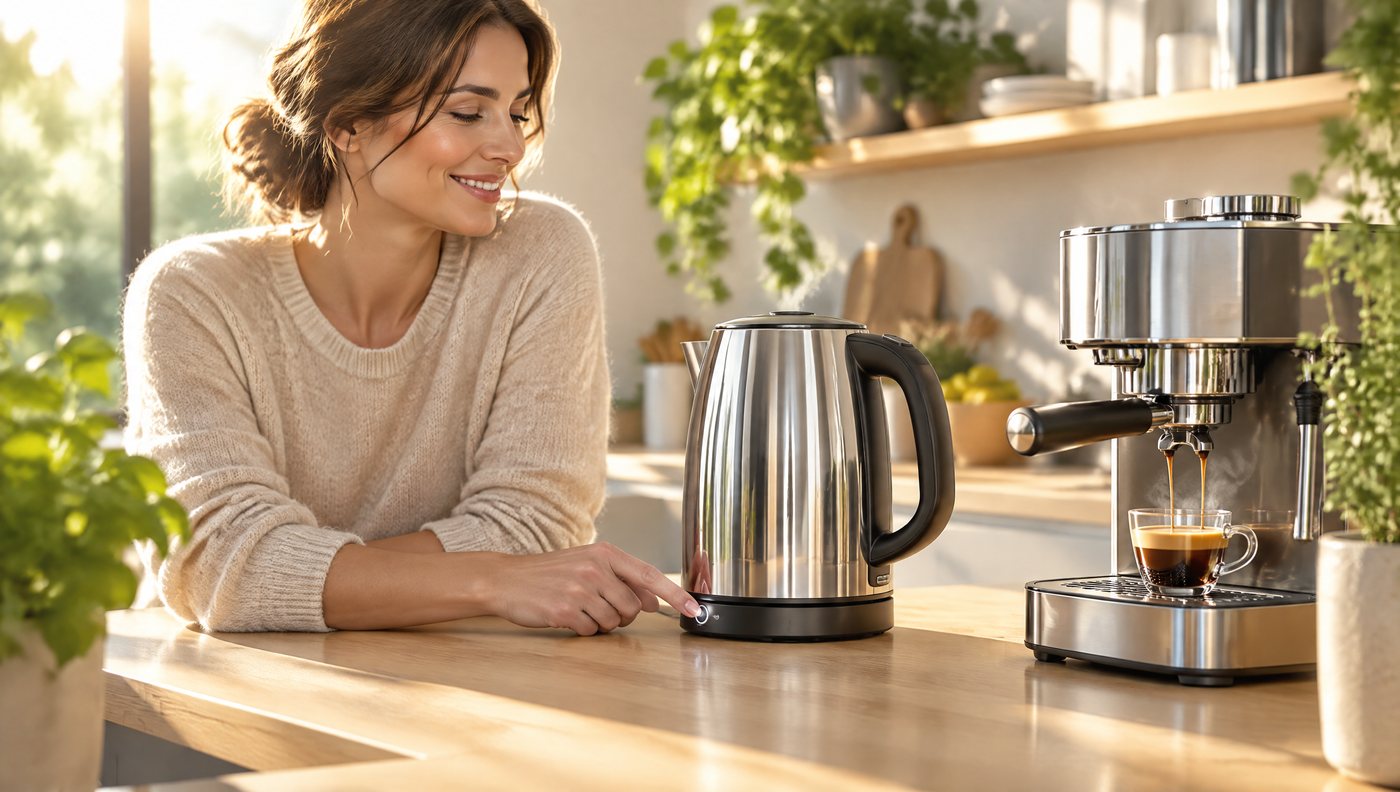 Eine Frau schaltet den blanken Wasserkocher ein, daneben läuft die Kaffeemaschine