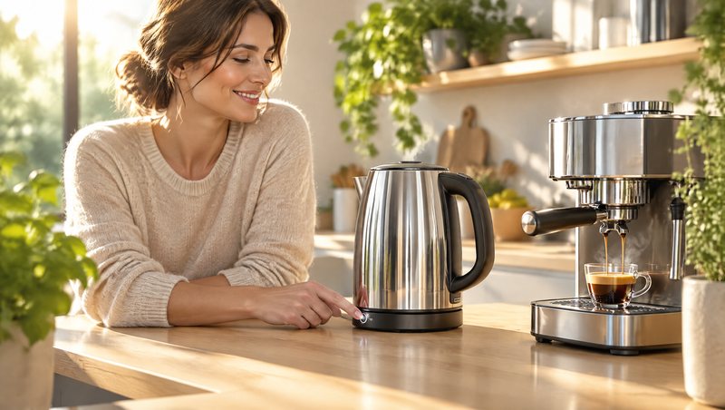 Eine Frau schaltet den blanken Wasserkocher ein, daneben läuft die Kaffeemaschine