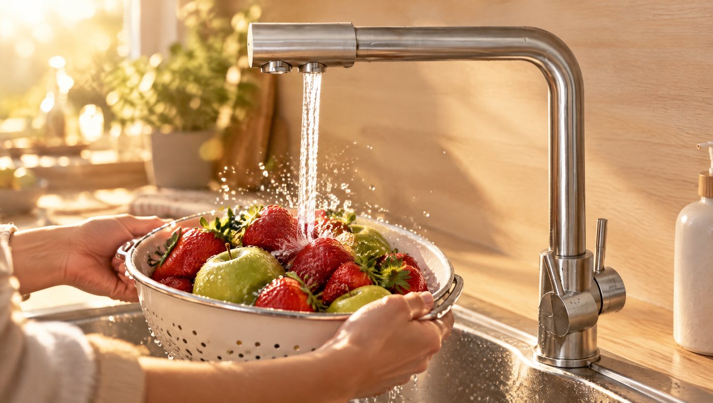 Erdbeeren und Äpfel werden im Sieb unter dem gefilterten Wasser abgespült